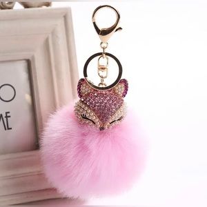 Crystal Faux Fur Fox Keychain in Pink